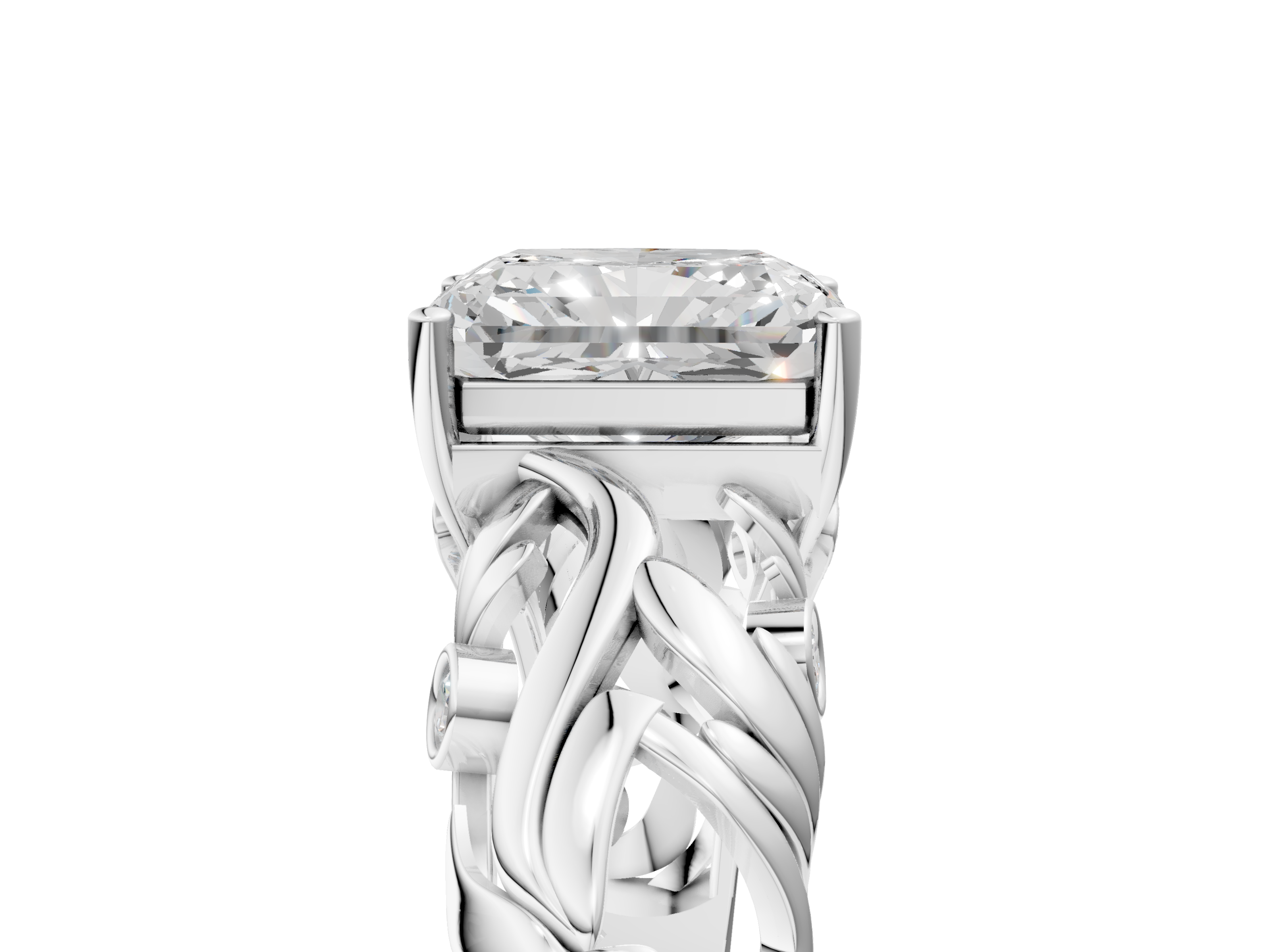 White gold Radiant Solitaire Diamond Leaf Vine Band with Prong Setting_79