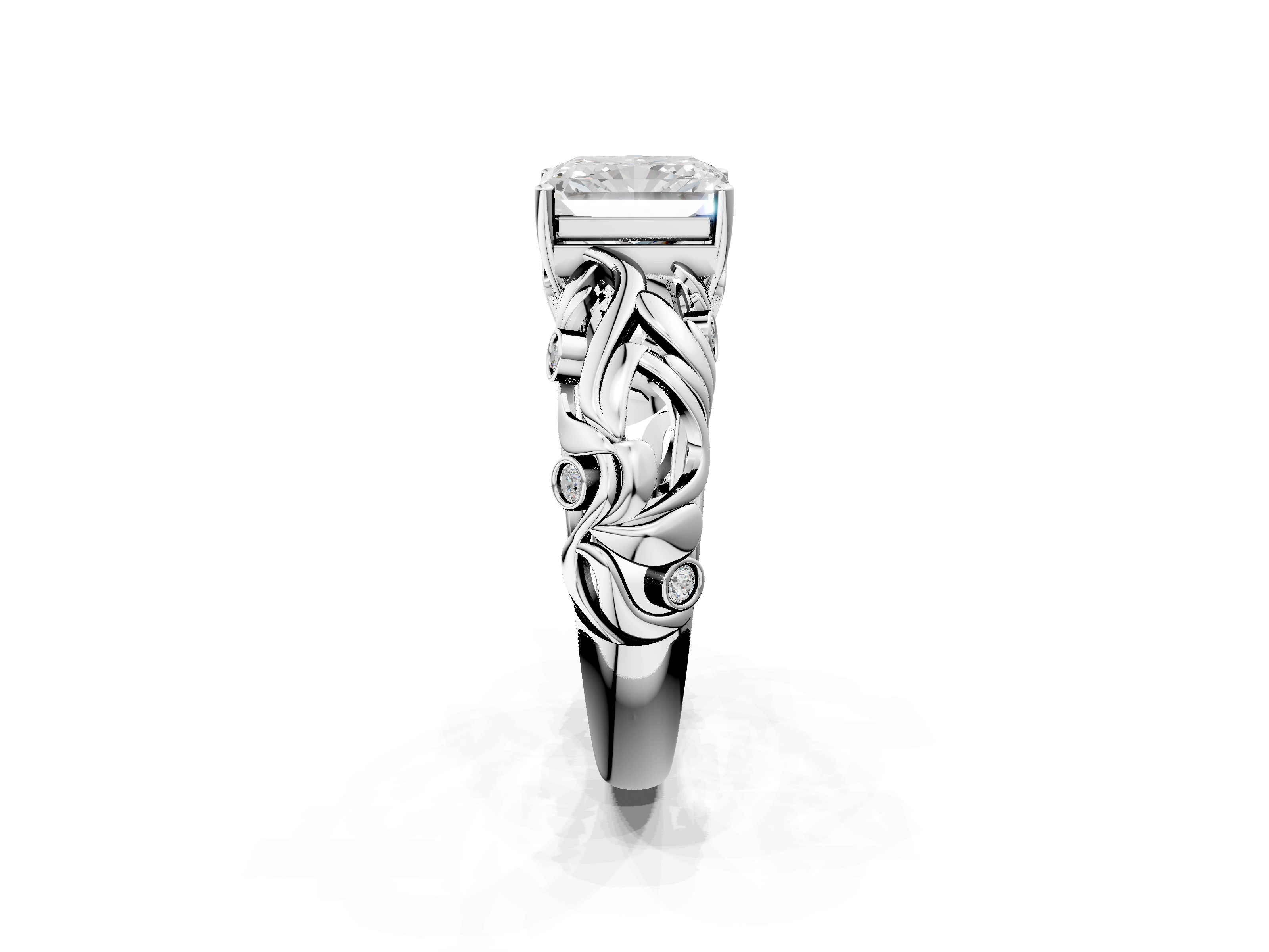 White gold Radiant Solitaire Diamond Leaf Vine Band with Prong Setting_80