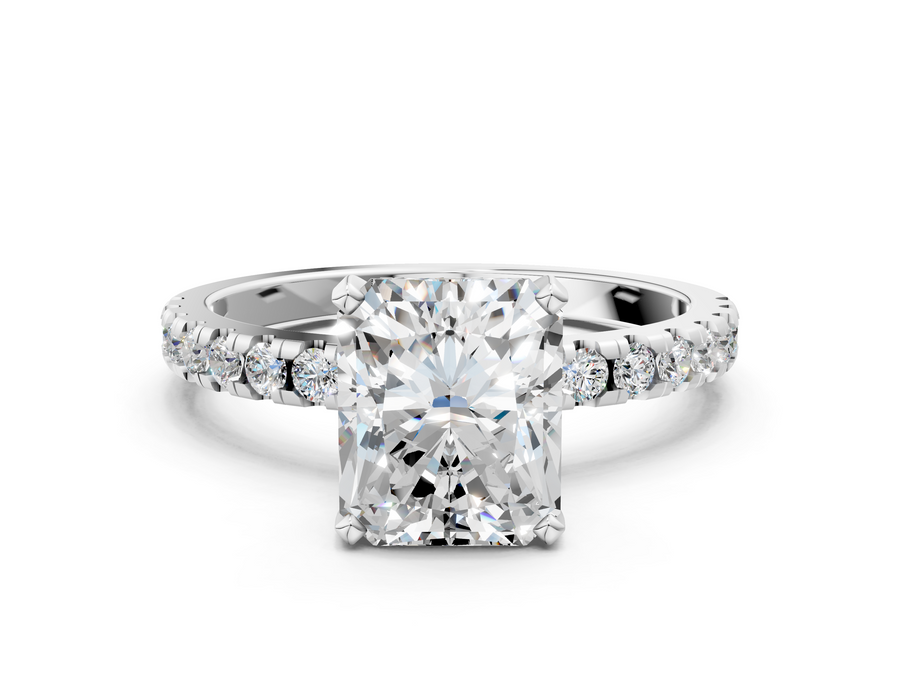 White gold Radiant Solitaire Diamond Pavé Band with Four-Prong Setting