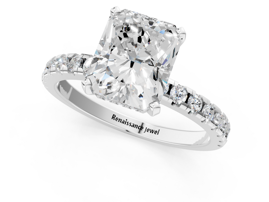 White gold Radiant Solitaire Diamond Pavé Band with Four-Prong Setting