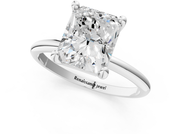 White gold Radiant Solitaire Diamond Ring with 4-Prong Setting on a Classic Band