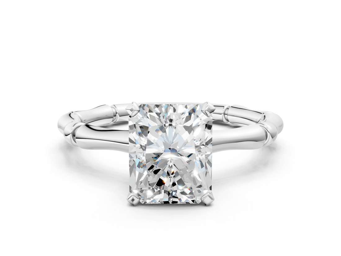 White gold Radiant Solitaire Diamond Ring with Bamboo Band and Four-Prong Setting_67