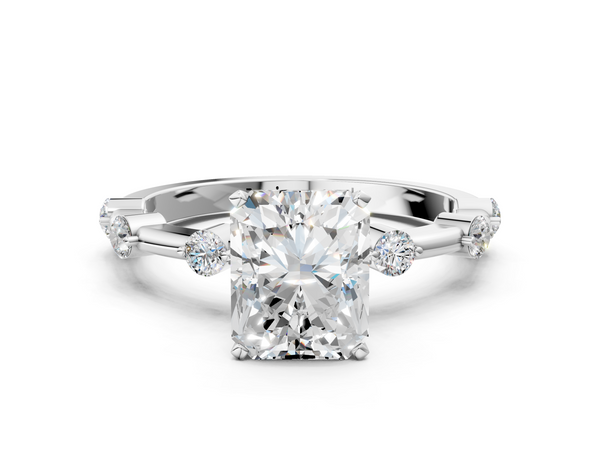 White gold Radiant Solitaire Diamond Ring with Bezel Set Side Stones and Prong Setting