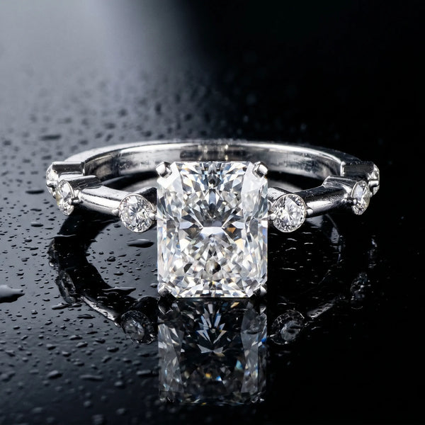 White gold Radiant Solitaire Diamond Ring with Bezel Set Side Stones and Prong Setting