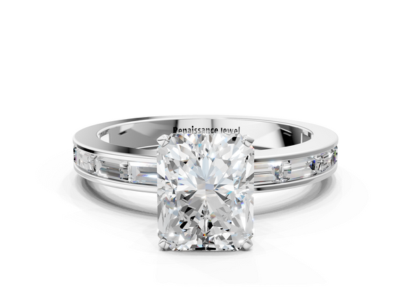 White gold Radiant Solitaire Diamond Ring with Channel-Set Baguette Band and Four-Prong Setting