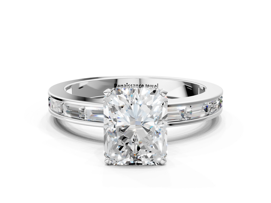 White gold Radiant Solitaire Diamond Ring with Channel-Set Baguette Band and Four-Prong Setting