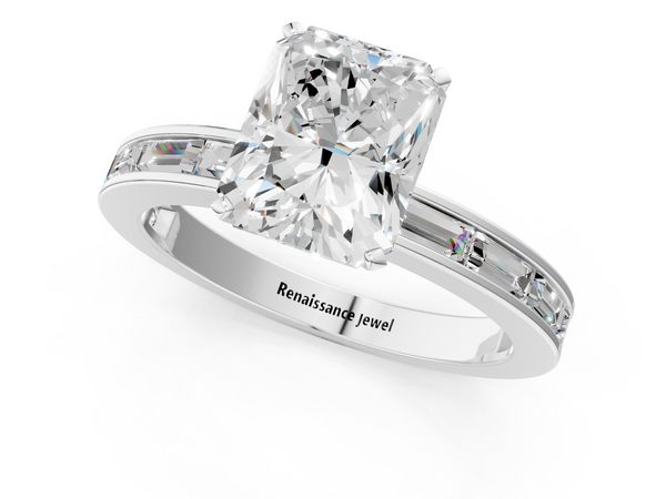 White gold Radiant Solitaire Diamond Ring with Channel-Set Baguette Band and Four-Prong Setting