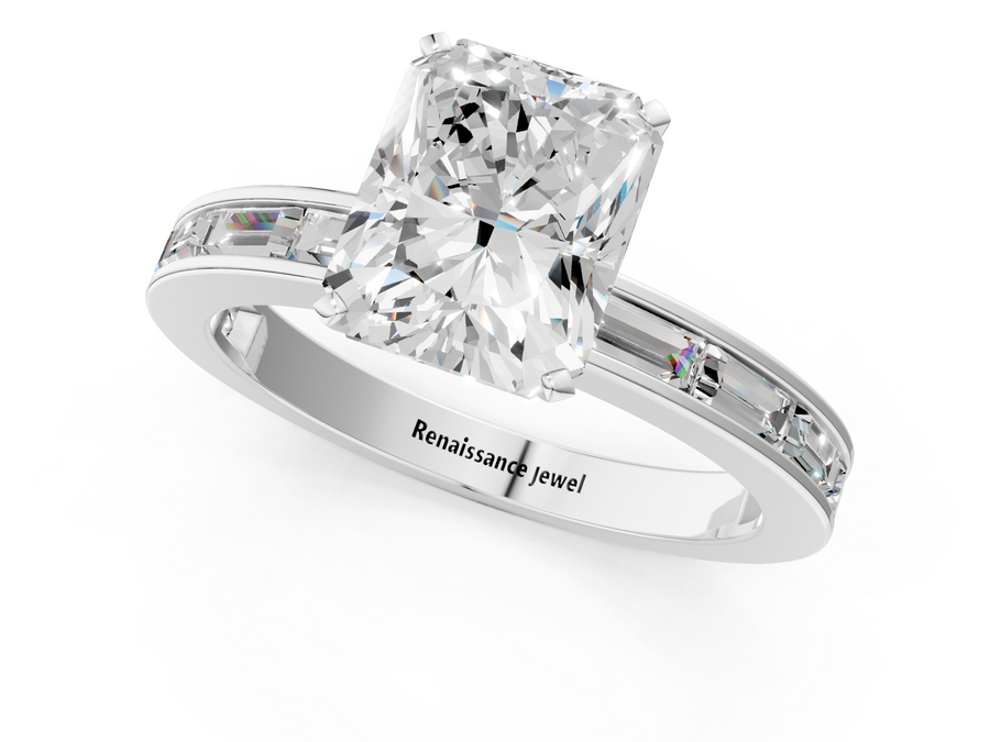 White gold Radiant Solitaire Diamond Ring with Channel-Set Baguette Band and Four-Prong Setting
