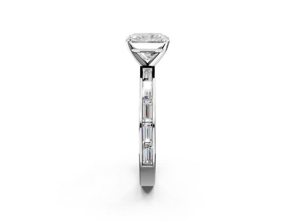 White gold Radiant Solitaire Diamond Ring with Channel-Set Baguette Band and Four-Prong Setting