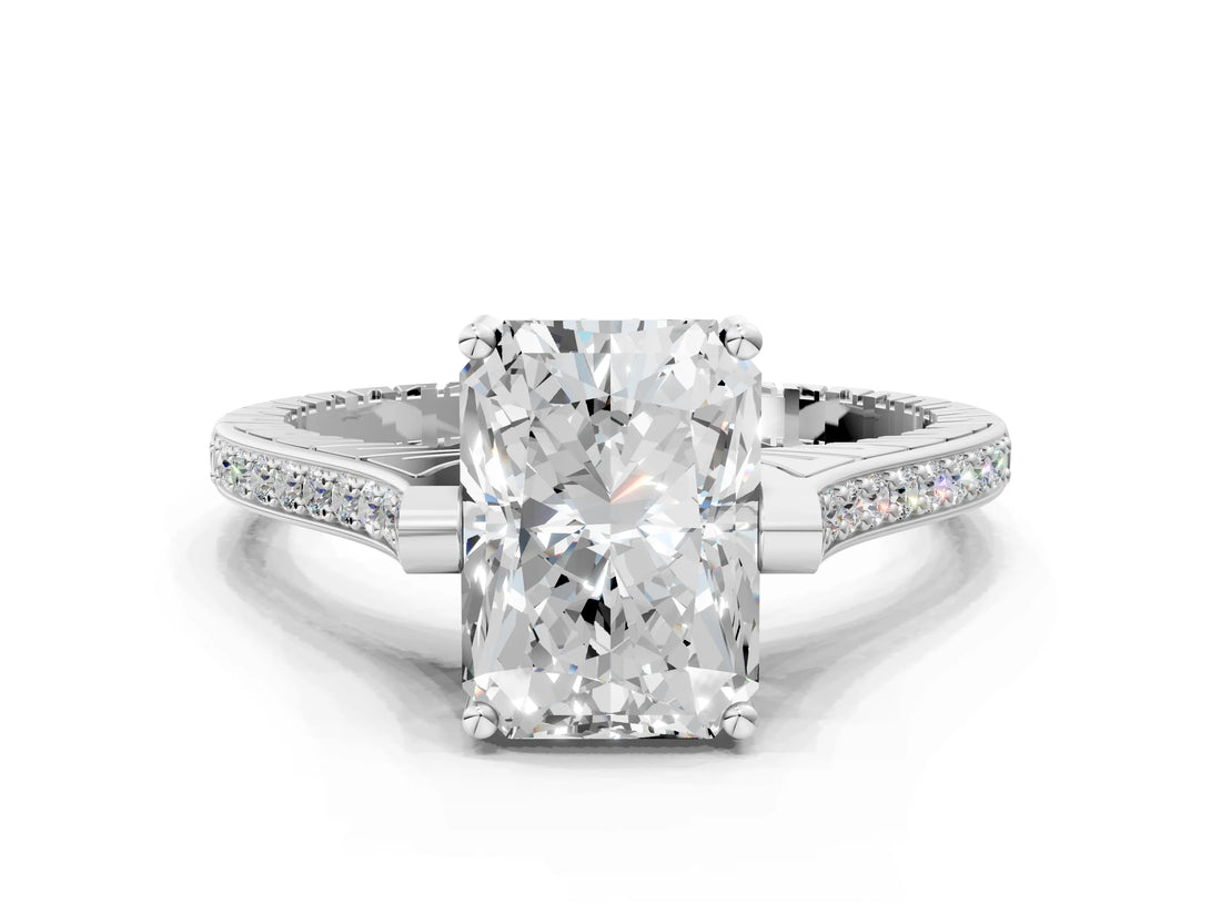White gold Radiant Solitaire Diamond Ring with Channel Set Band and Bezel Prong Setting_76