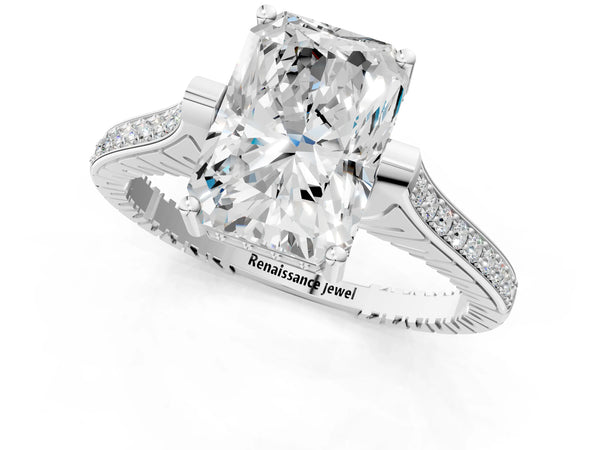 White Gold Radiant Cut Vintage Cathedral Engagement Ring Setting with Engraved Sides and Pave