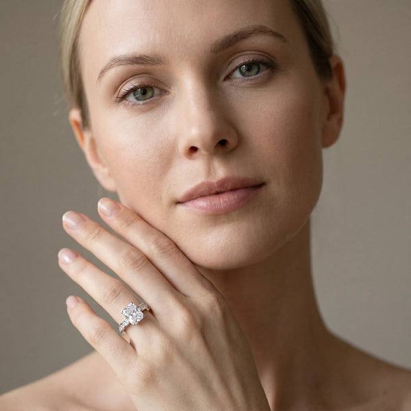 White gold Radiant Solitaire Diamond Ring with Channel-Set Band and Four-Prong Setting