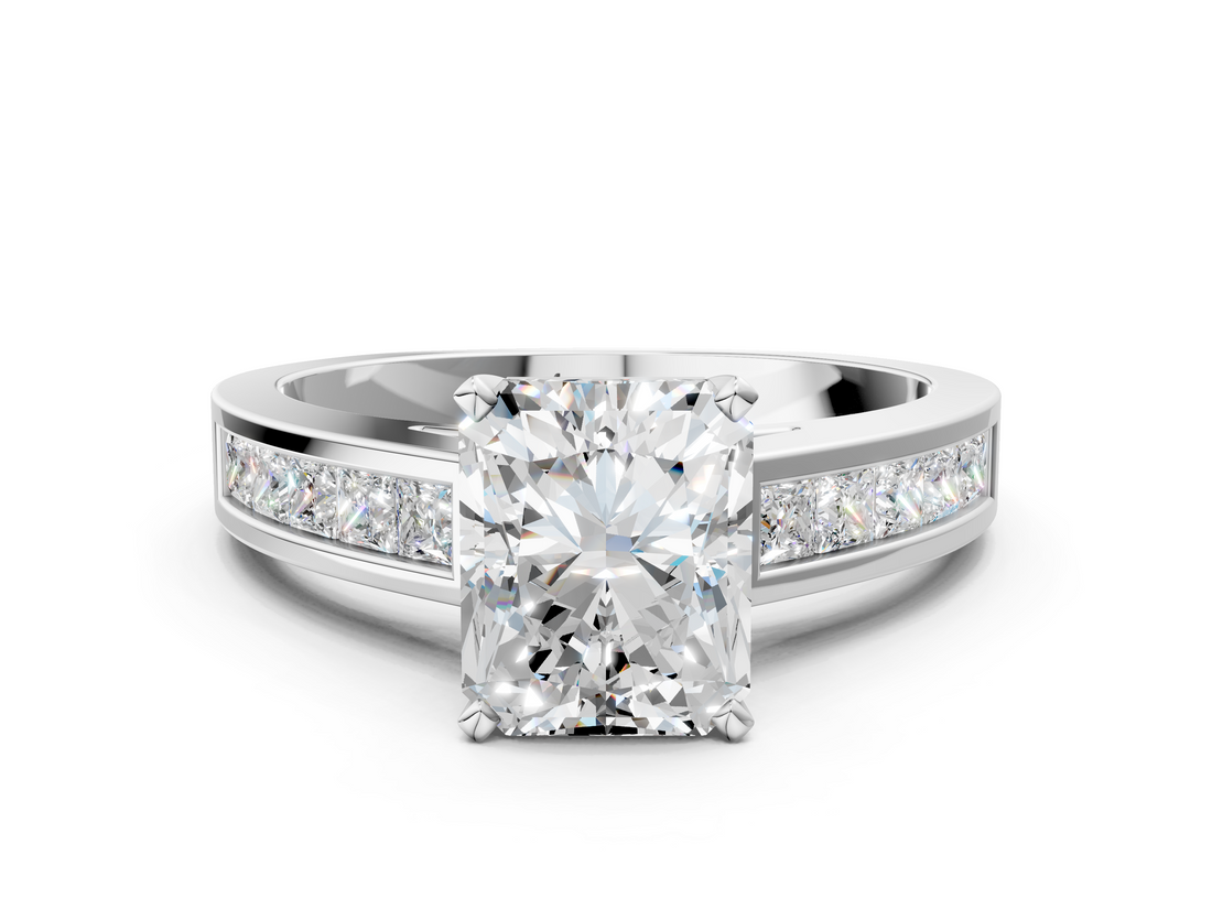 White gold Radiant Solitaire Diamond Ring with Channel-Set Band and Four-Prong Setting_38