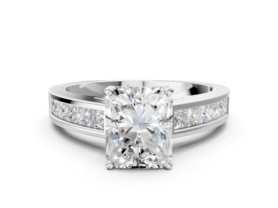 White gold Radiant Solitaire Diamond Ring with Channel-Set Band and Four-Prong Setting