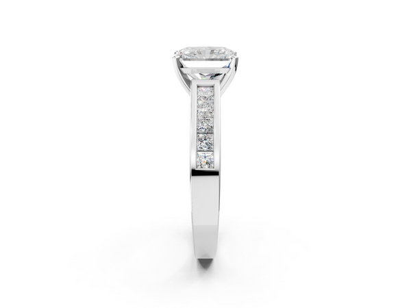 White gold Radiant Solitaire Diamond Ring with Channel-Set Band and Four-Prong Setting
