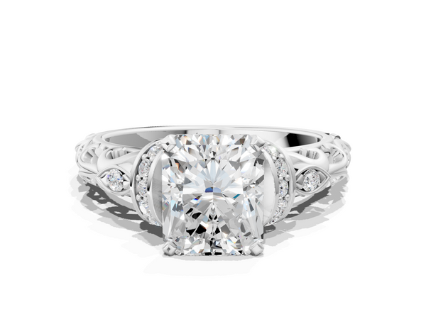 White gold Radiant Cut Diamond Solitaire Ring with Filigree Band and Four-Prong Setting