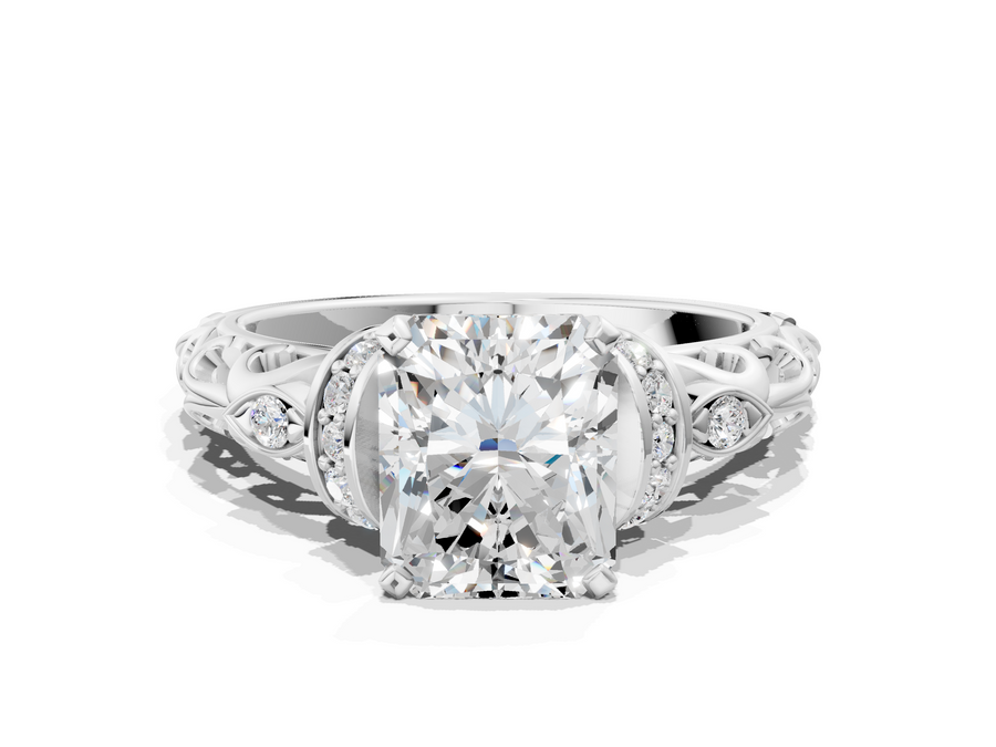 White gold Radiant Cut Diamond Solitaire Ring with Filigree Band and Four-Prong Setting