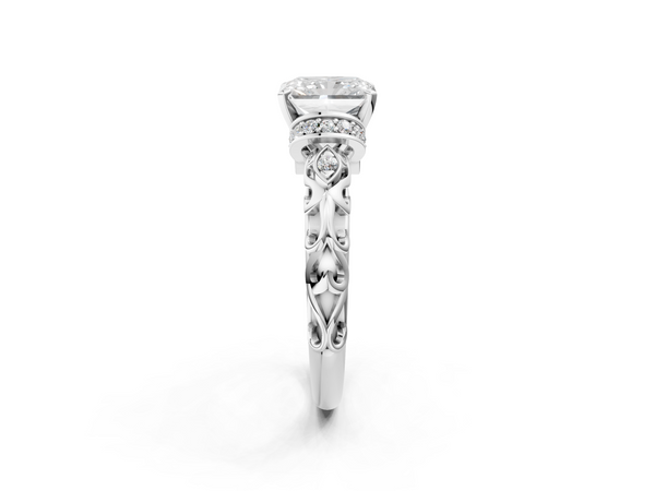 White gold Radiant Cut Diamond Solitaire Ring with Filigree Band and Four-Prong Setting