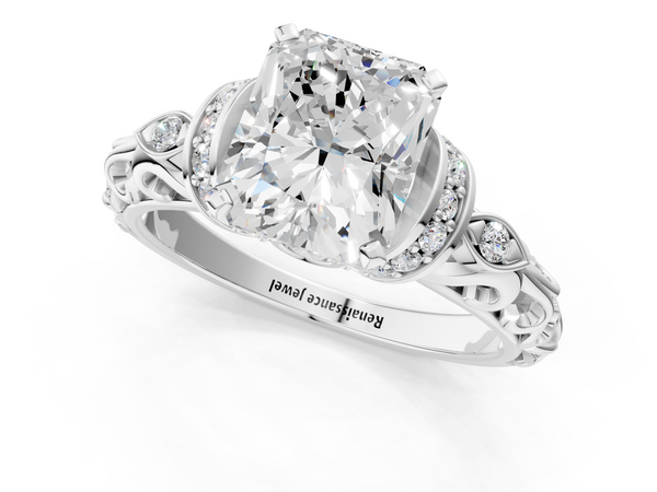 White gold Radiant Cut Diamond Solitaire Ring with Filigree Band and Four-Prong Setting