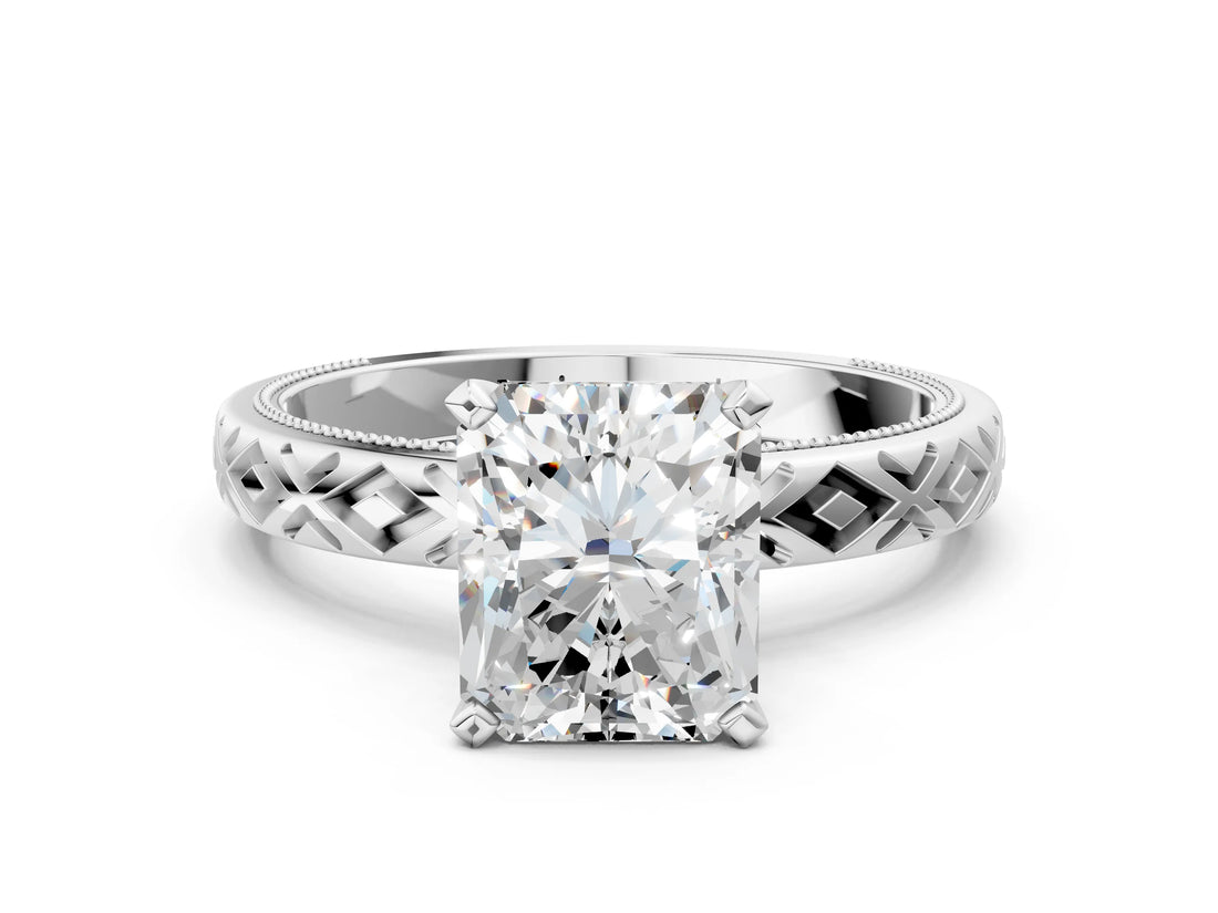 White gold Radiant Solitaire Diamond Ring with Milgrain and Black Enamel X Pattern Band_246