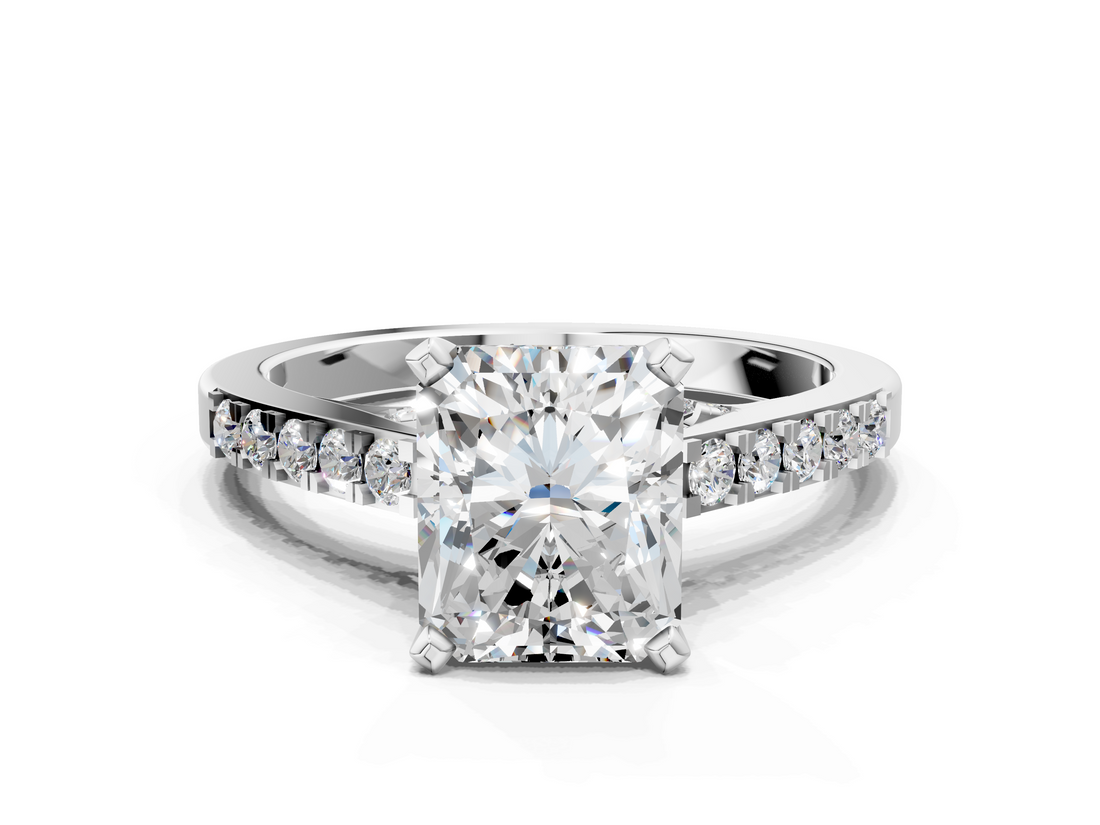 White gold Radiant Solitaire Diamond Ring with Pavé Band and Four-Prong Setting_114