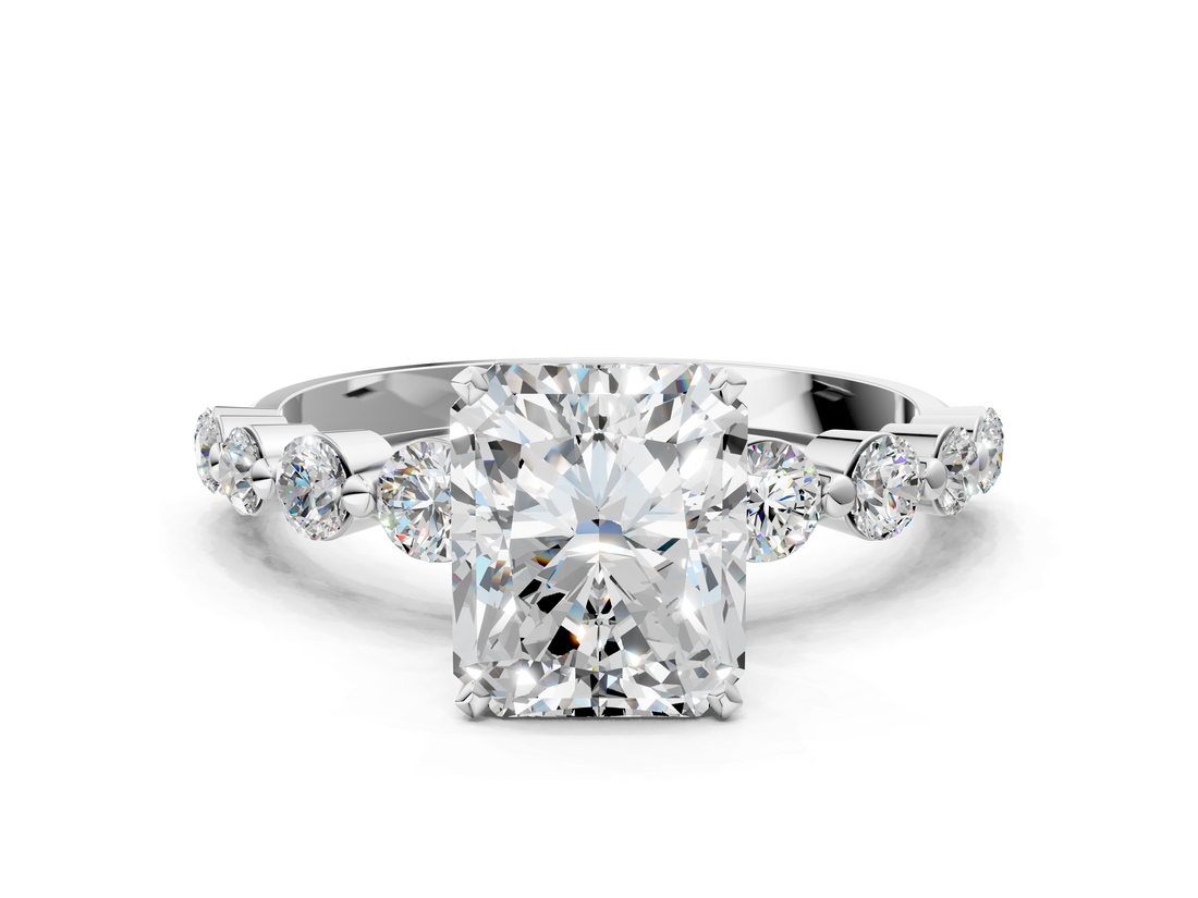 White gold Radiant Solitaire Diamond Ring with Pave Band and Four-Prong Setting_289
