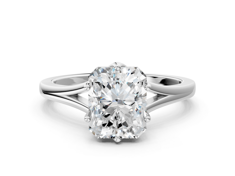 White gold Radiant Solitaire Diamond Ring with Six-Prong Setting and Tapered Band