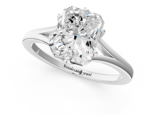 White gold Radiant Solitaire Diamond Ring with Six-Prong Setting and Tapered Band