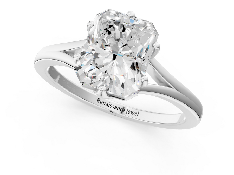 White gold Radiant Solitaire Diamond Ring with Six-Prong Setting and Tapered Band