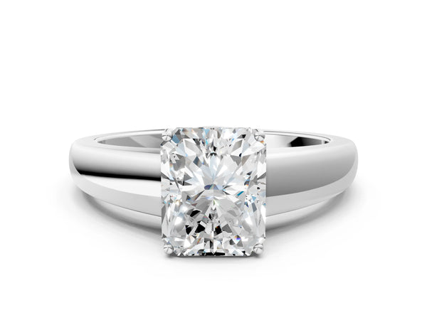 White gold Radiant Solitaire Diamond Ring with Tapered Band and Four-Prong Setting