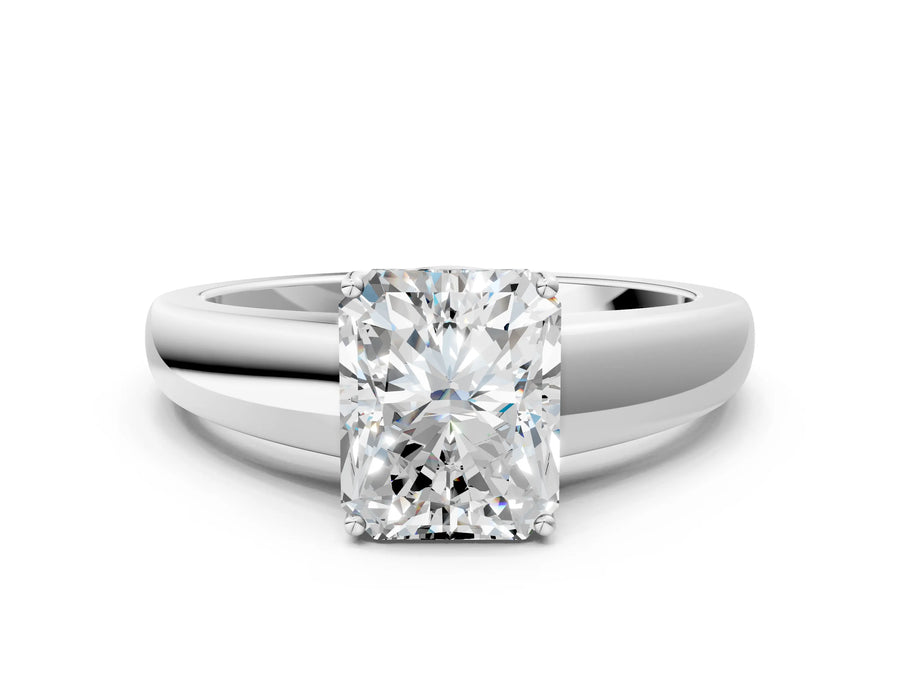White gold Radiant Solitaire Diamond Ring with Tapered Band and Four-Prong Setting