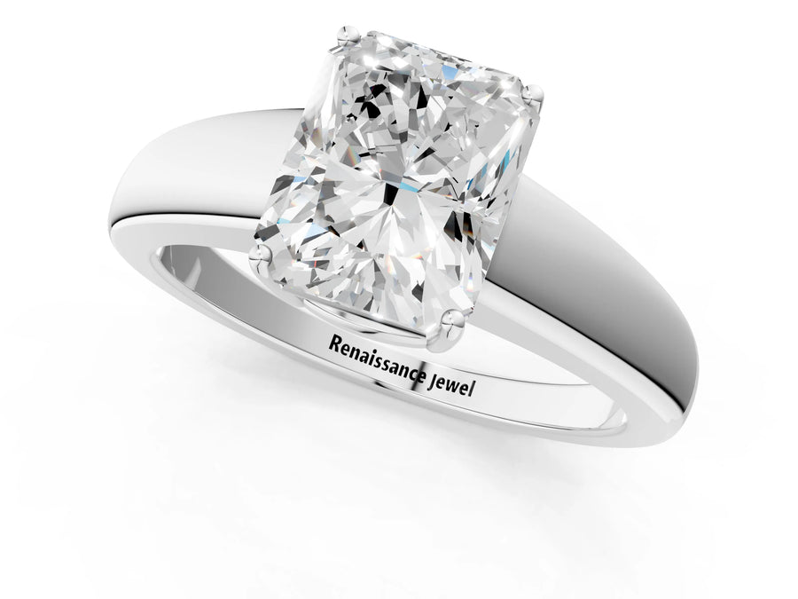 White gold Radiant Solitaire Diamond Ring with Tapered Band and Four-Prong Setting