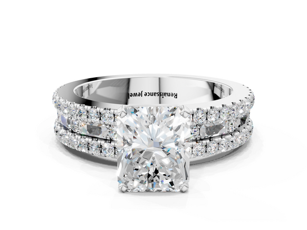 Silver 0.48 Carat D VVS2 Radiant Diamond Solitaire Ring with Pavé and Channel Set Band