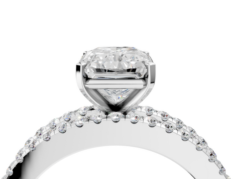Silver 0.48 Carat D VVS2 Radiant Diamond Solitaire Ring with Pavé and Channel Set Band