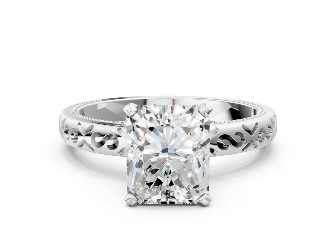 White gold Radiant Solitaire Engagement Ring with Scrollwork Band and Four-Prong Setting_158