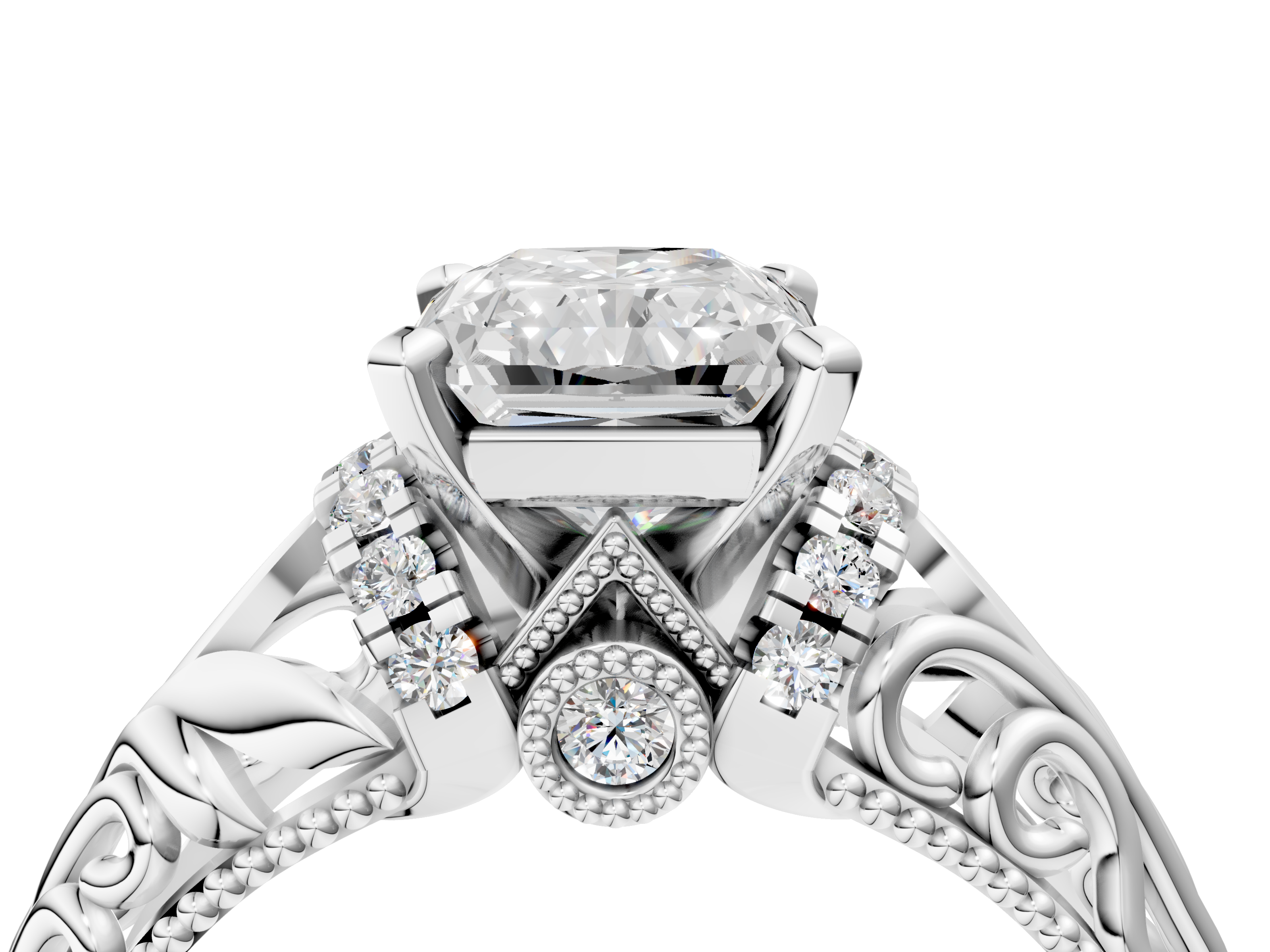 White gold Radiant Solitaire Filigree Engagement Ring with Halo and Prong Setting_102