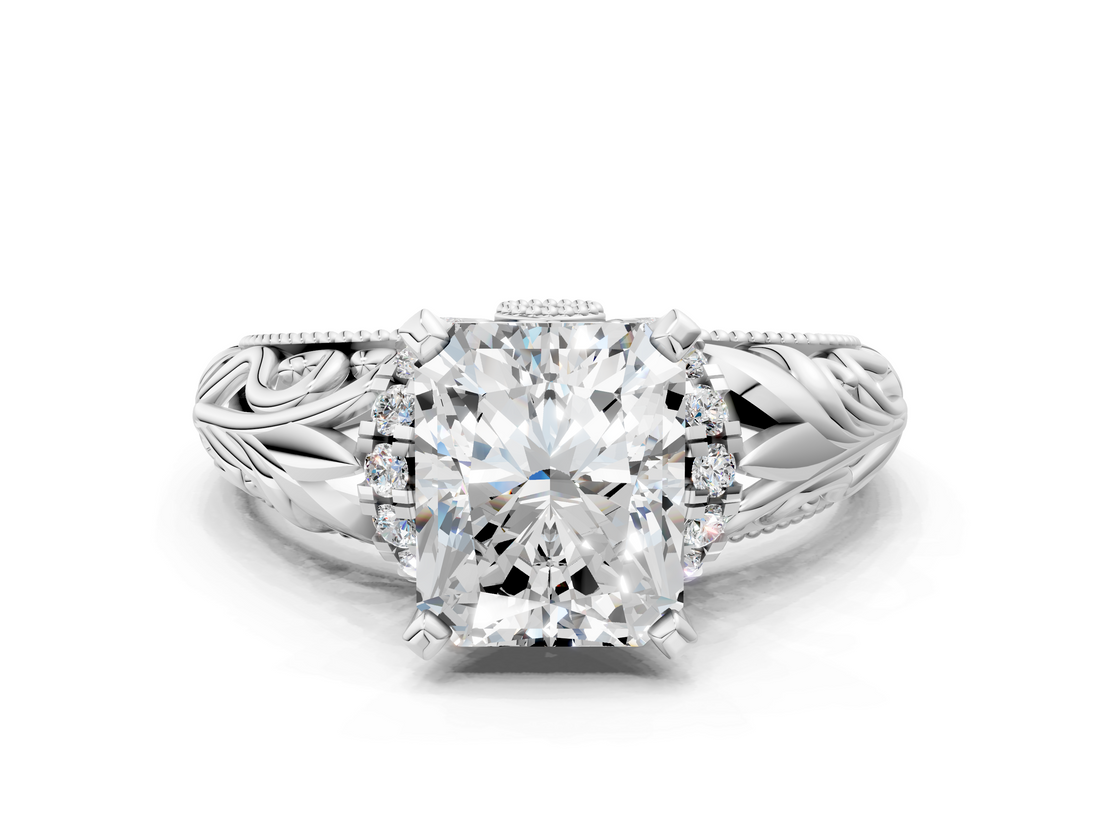 White gold Radiant Solitaire Filigree Engagement Ring with Halo and Prong Setting_123