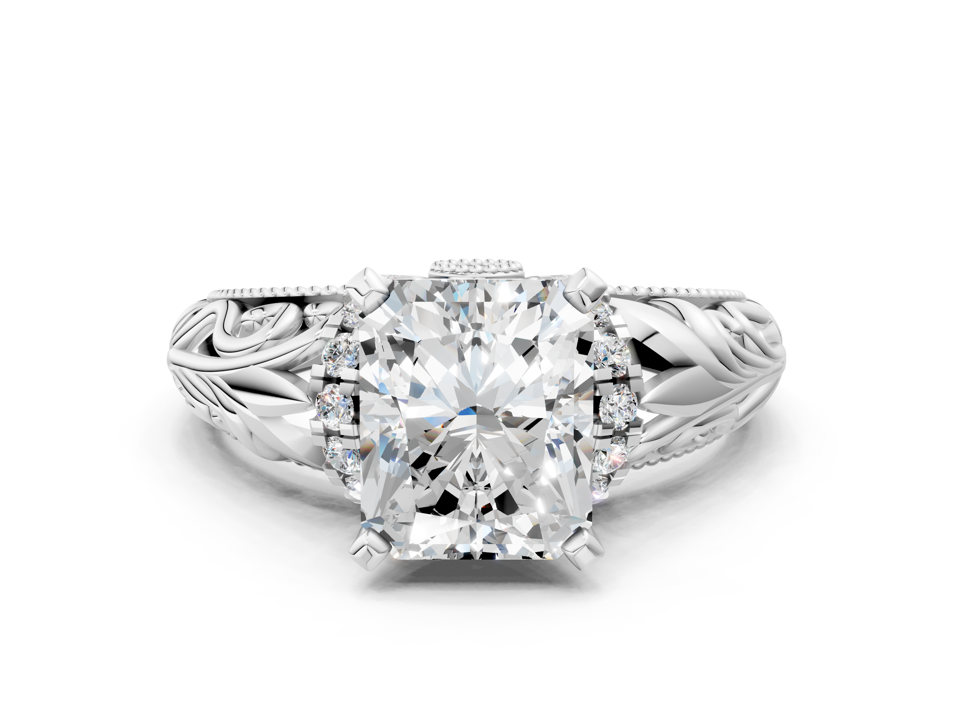 White gold Radiant Solitaire Filigree Engagement Ring with Halo and Prong Setting_98