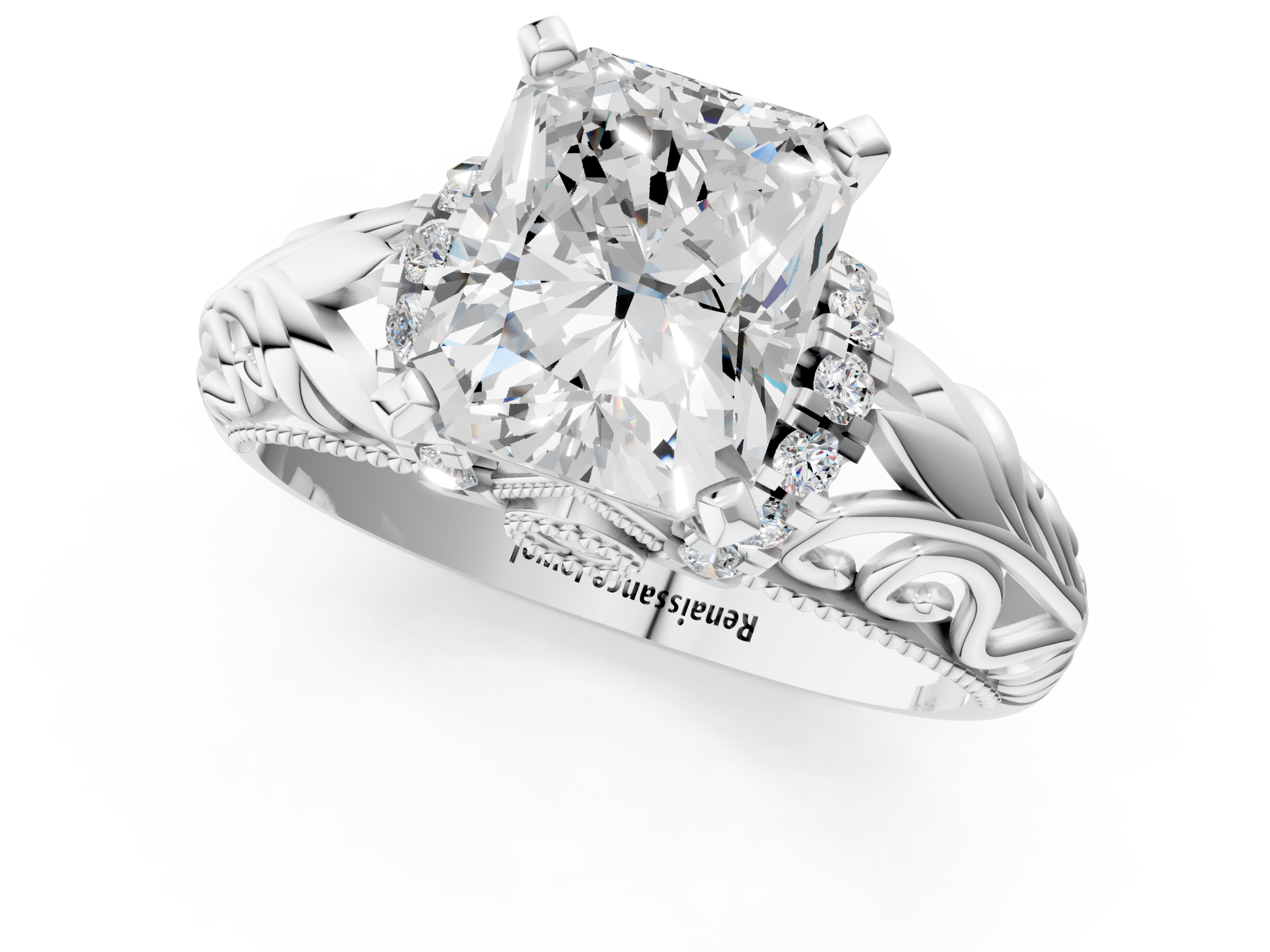 White gold Radiant Solitaire Filigree Engagement Ring with Halo and Prong Setting_99