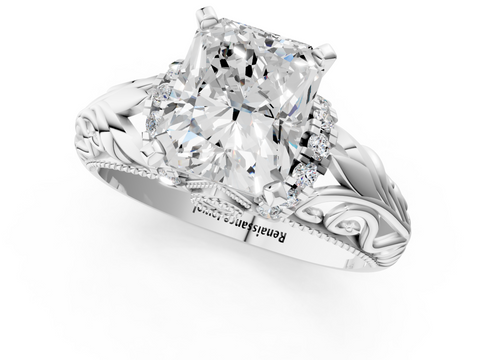 White gold Radiant Solitaire Filigree Engagement Ring with Halo and Prong Setting_99