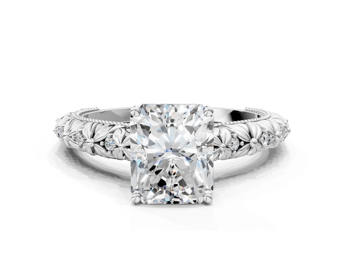 White gold Radiant Solitaire Floral Milgrain Engagement Ring_31