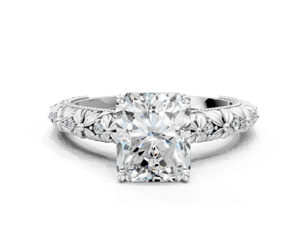 White gold Radiant Solitaire Floral Milgrain Engagement Ring