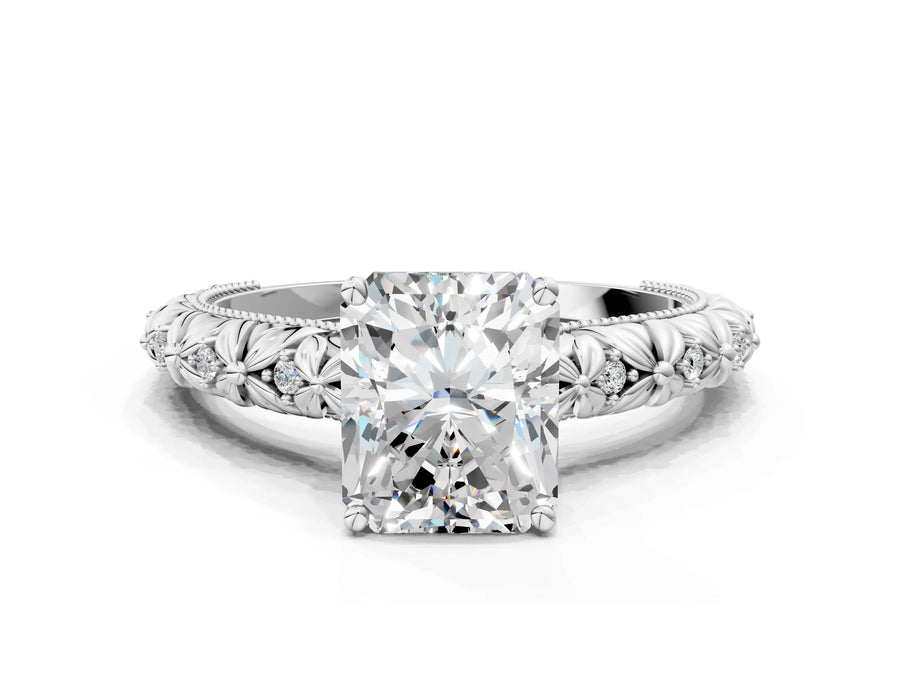 White gold Radiant Solitaire Floral Milgrain Engagement Ring