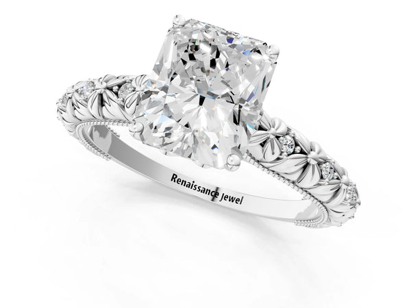 White gold Radiant Solitaire Floral Milgrain Engagement Ring