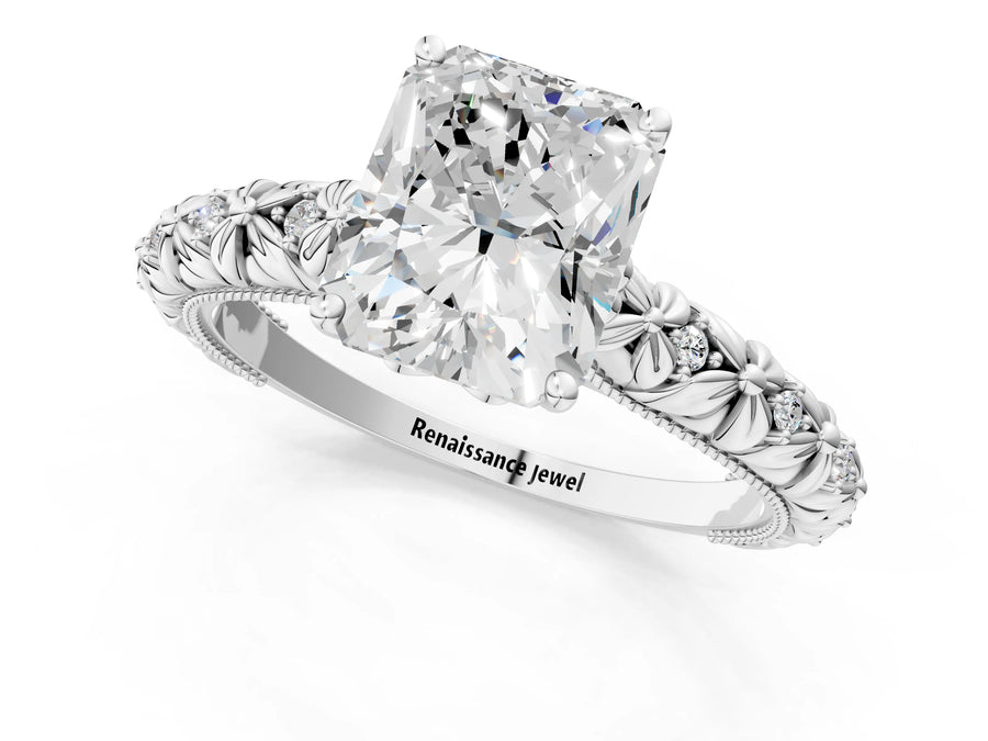 White gold Radiant Solitaire Floral Milgrain Engagement Ring