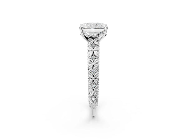 White gold Radiant Solitaire Floral Milgrain Engagement Ring