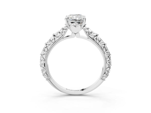 White gold Radiant Solitaire Floral Milgrain Engagement Ring