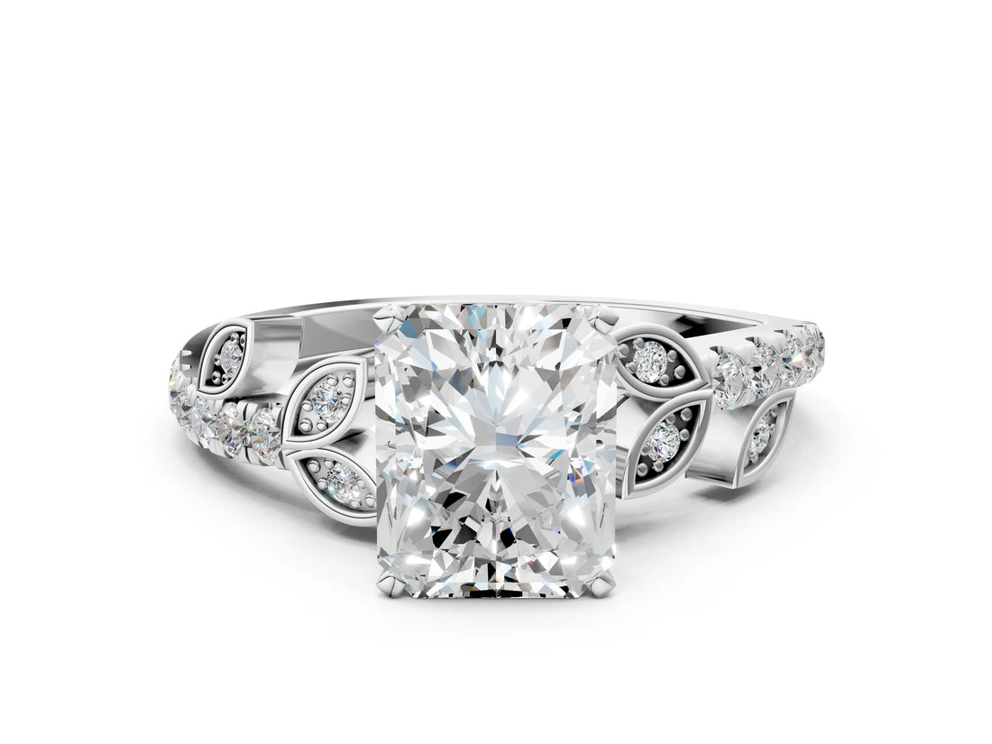 White gold Radiant Solitaire Leaf-Inspired Diamond Ring with Pavé Band and Four-Prong Setting_4