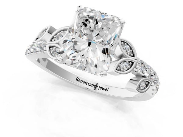 Platinum Radiant Cut Leaf Solitaire Engagement Ring Setting with Pave Band