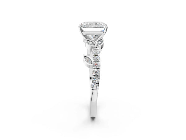 Platinum Radiant Cut Leaf Solitaire Engagement Ring Setting with Pave Band